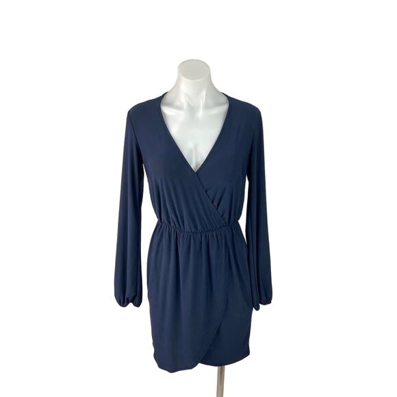 Forever 21 Blue Faux Wrap V-neck Long Sleeve Mini Elastic Waist Pull On Dress S - Picture 1 of 5